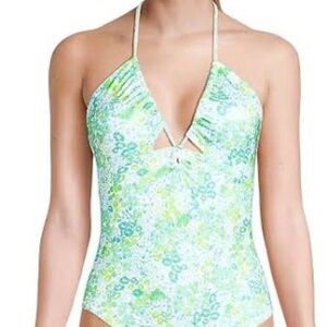 RAMY BROOK Women's Floral Halter One Piece Swimsuit In White Combo M NWT